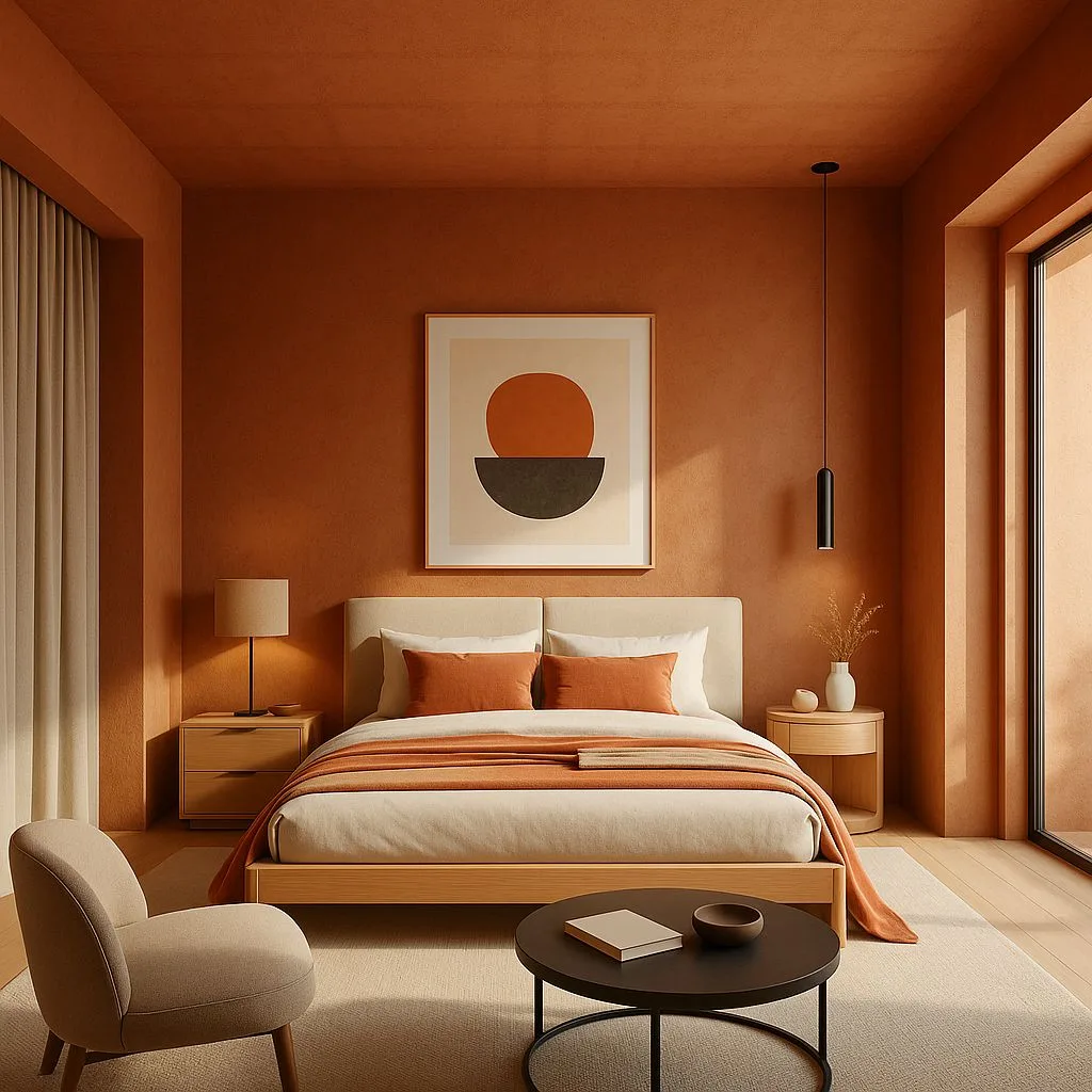 Minimalist terracotta bedroom with light wood platform bed, linen bedding, rust pillows, black pendant light, round side tables, photorealistic interior design photography, 8k