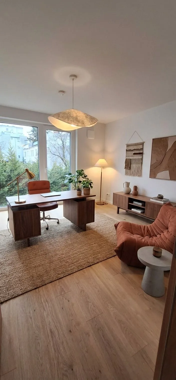 Mid-century modern home office with walnut desk, burnt orange Togo chair, jute rug, brass lamp, paper pendant, photorealistic interior design photography, 8k