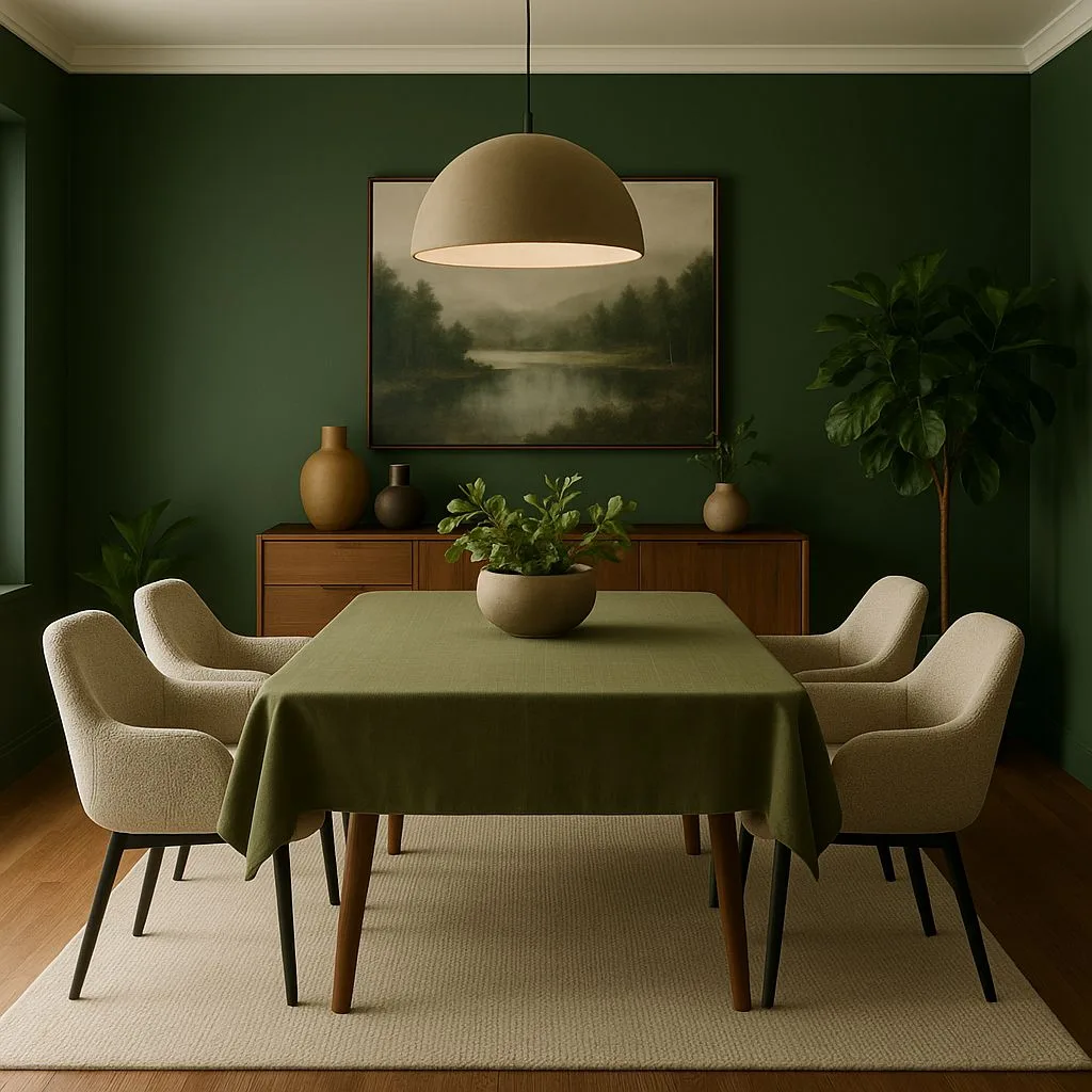 Transitional dining room with dark green walls, light wood floors, green linen tablecloth, beige boucle chairs, dome pendant light, photorealistic interior design photography, 8k