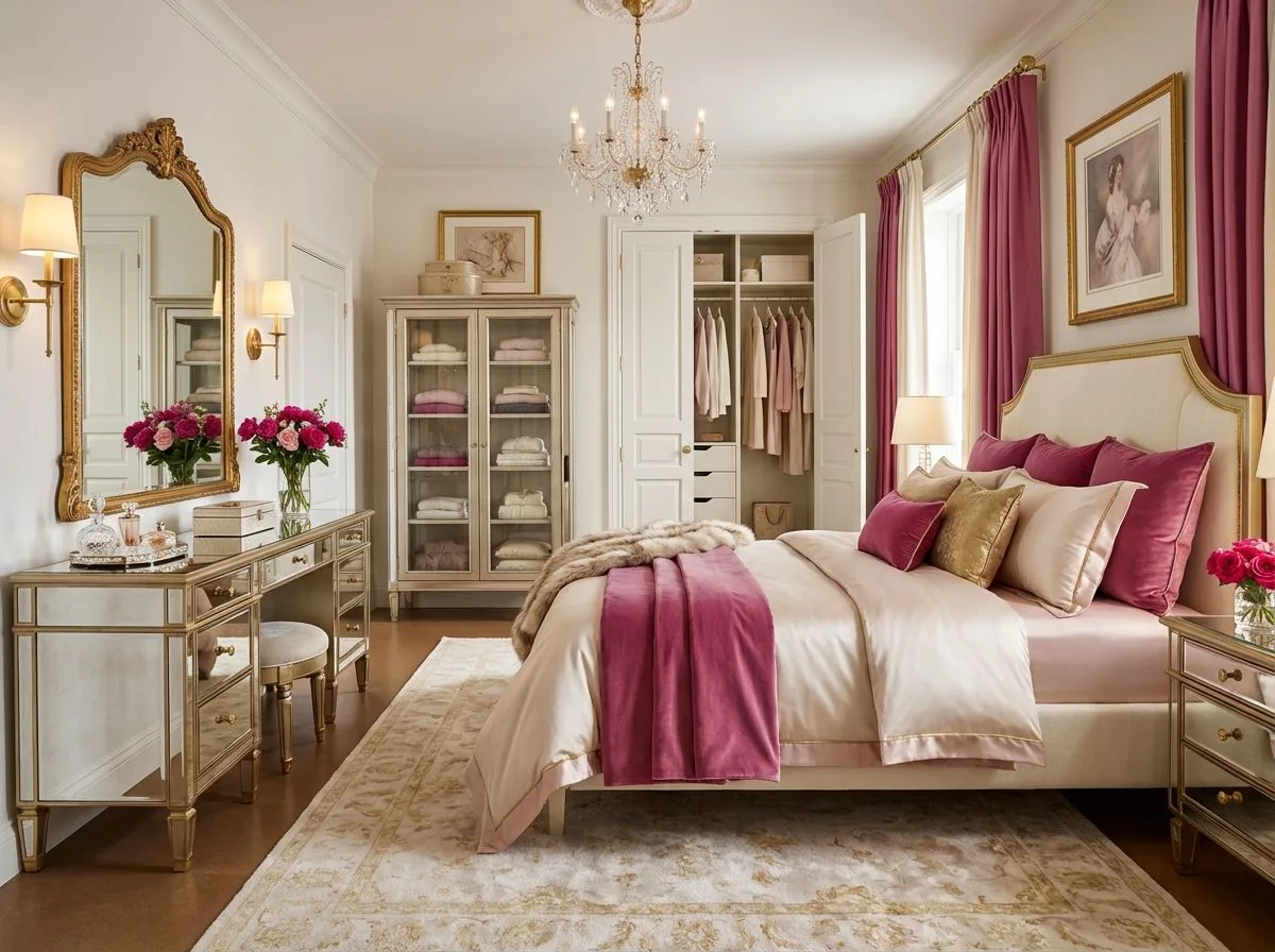 Traditional bedroom with mirrored vanity, crystal chandelier, white walls, gold trim, mauve velvet bedding, photorealistic interior design photography, 8k