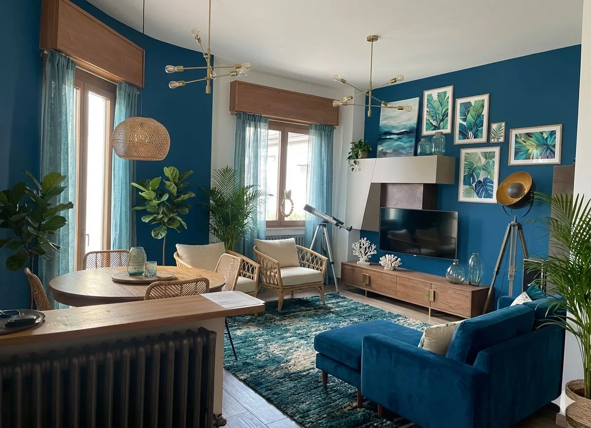 Eclectic living room with teal walls, rattan chairs, round wood table, blue velvet sofa, tropical artwork, brass chandelier, photorealistic interior design photography, 8k