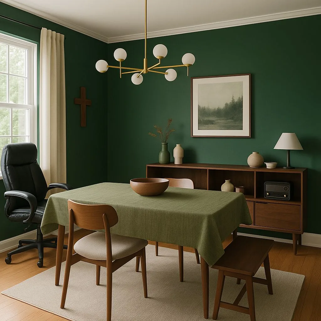 Mid-century modern dining room with forest green walls, wood dining set, light green linen tablecloth, brass sputnik chandelier, neutral rug, photorealistic interior design photography, 8k