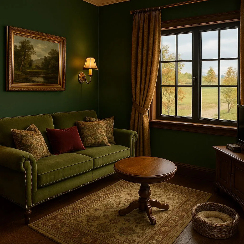 Traditional living room with dark green walls, velvet olive sofa, landscape painting, patterned rug, round wood table, photorealistic interior design photography, 8k
