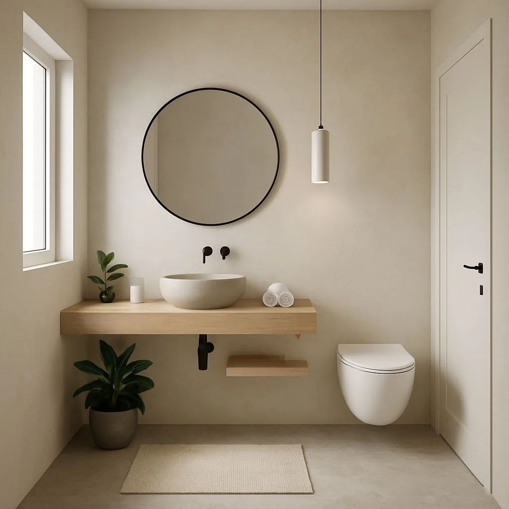 Minimalist beige bathroom with floating wood vanity, round vessel sink, black fixtures, concrete floors, round black mirror, pendant light, photorealistic interior design photography, 8k