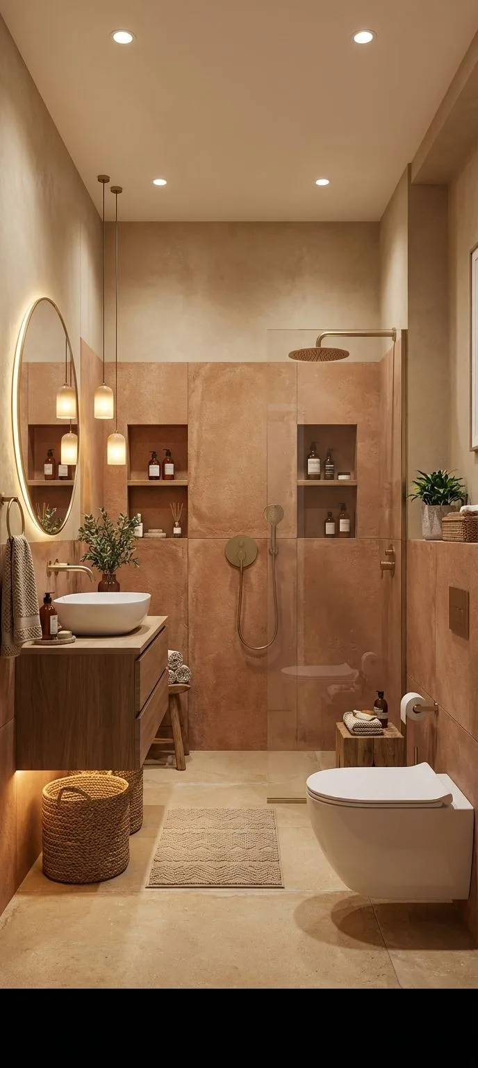 Minimalist bathroom with terracotta tile, floating wood vanity, vessel sink, brass fixtures, recessed lighting, pendant lights, photorealistic interior design photography, 8k