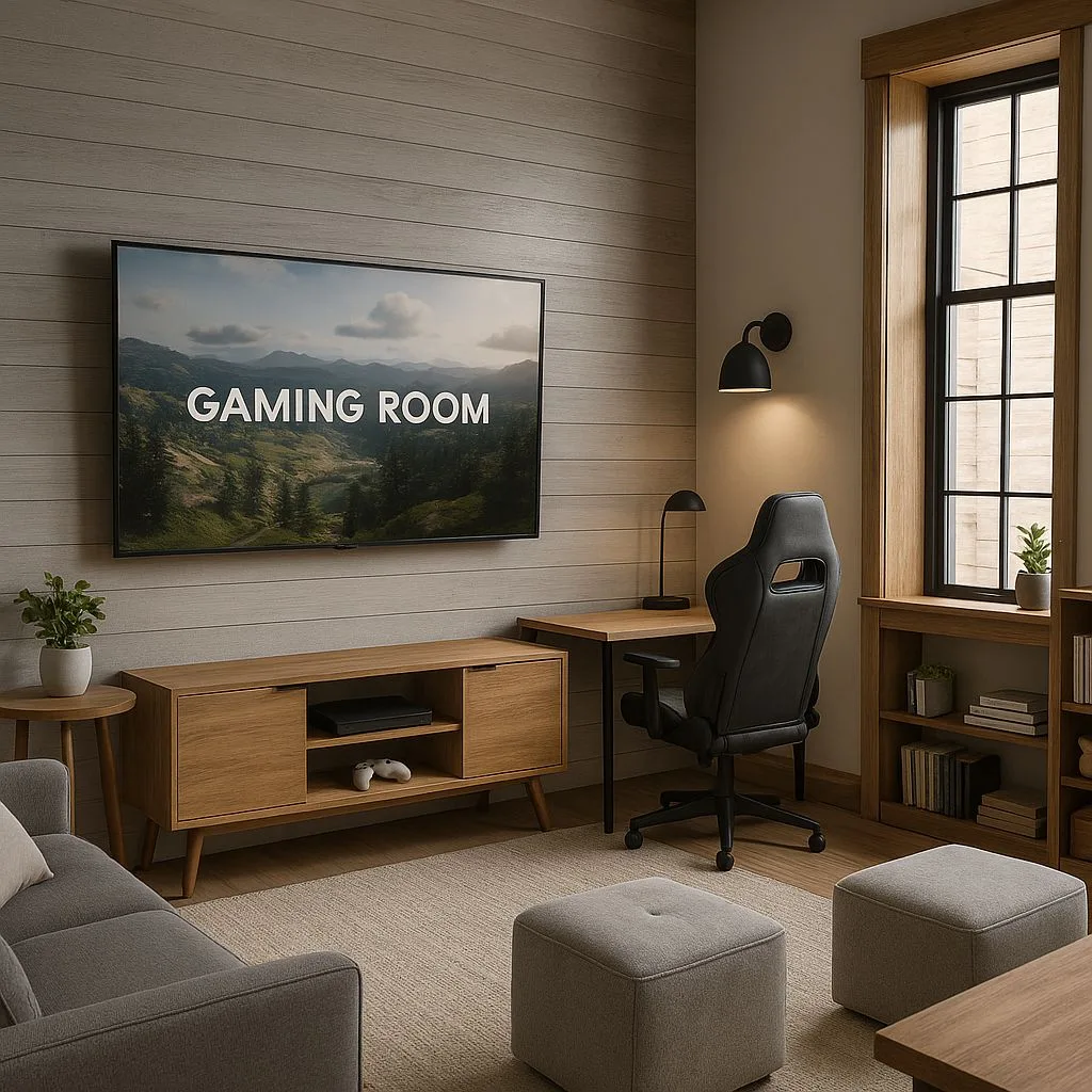 Modern neutral gaming room with light wood paneling, oak media console, grey sofa, black gaming chair, black sconce, photorealistic interior design photography, 8k
