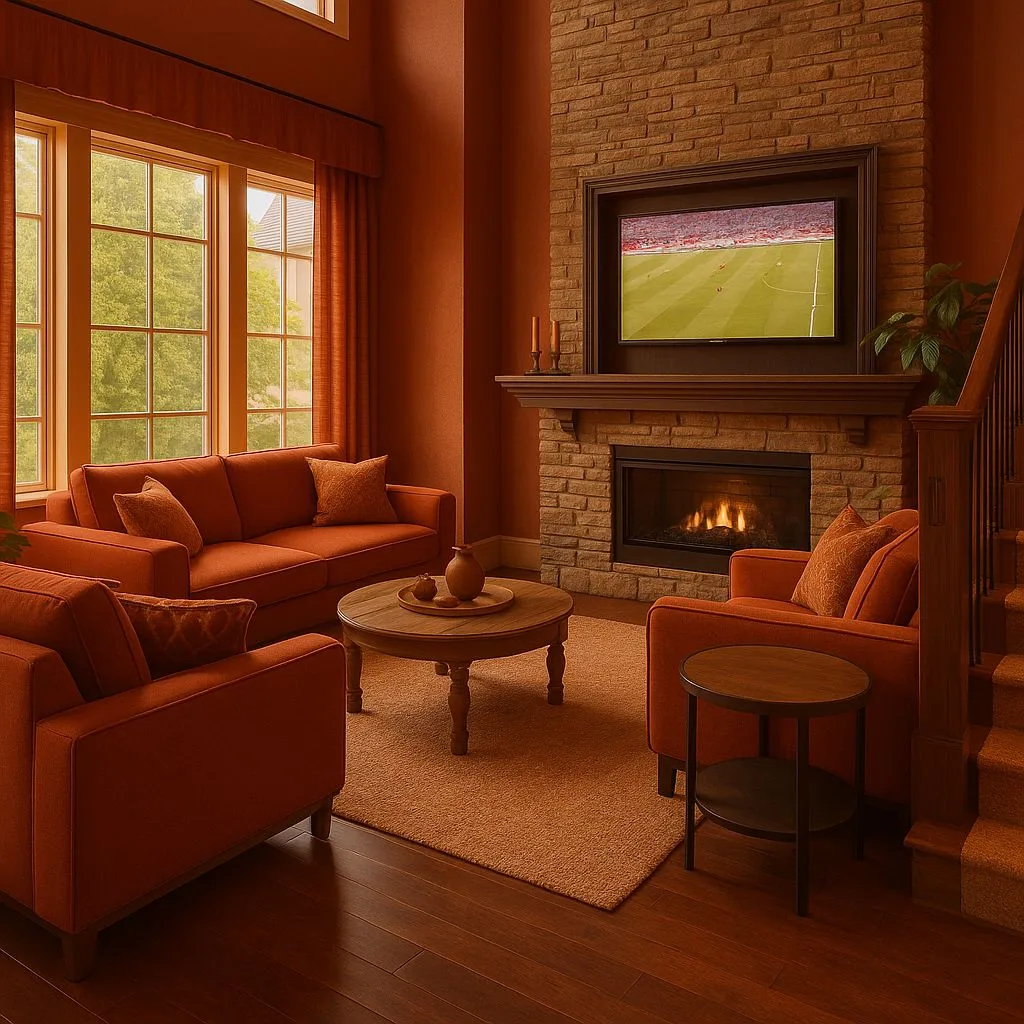 Traditional terracotta living room with brick fireplace, dark wood mantel, terracotta sofas, hardwood floors, sheer curtains, photorealistic interior design photography, 8k