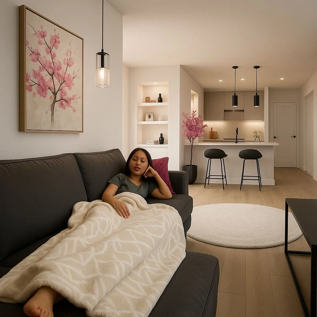 Minimalist apartment interior with light wood floors, charcoal sofa, blush pink artwork, black pendant lights, white kitchen island, photorealistic interior design photography, 8k