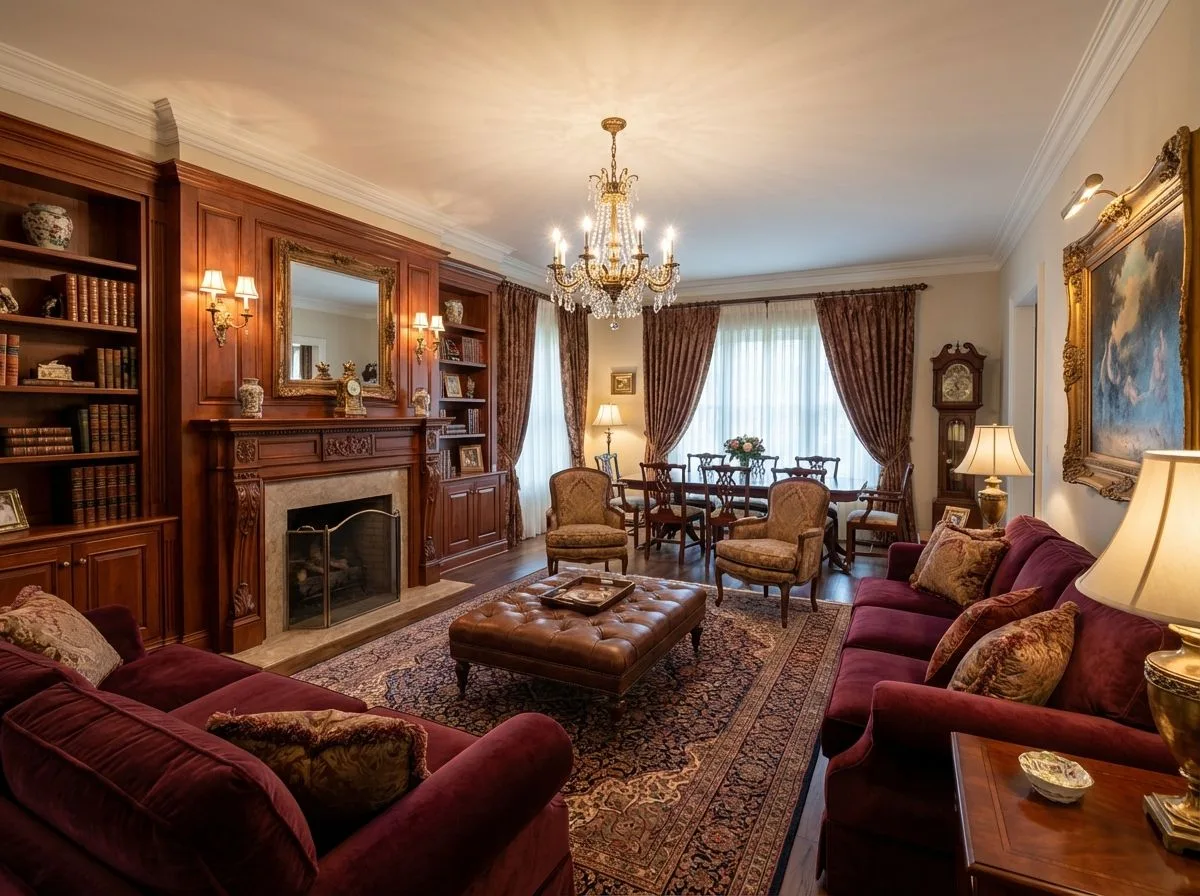 Traditional formal living room with burgundy velvet sofas, wood paneled walls, fireplace with bookshelves, crystal chandelier, patterned rug, photorealistic interior design photography, 8k