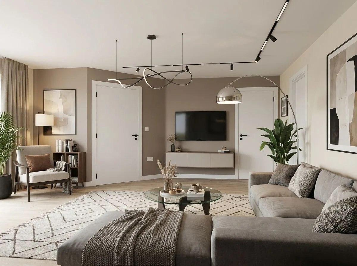 Minimalist living room with taupe walls, light oak floors, gray sectional sofa, geometric rug, track lighting, glass coffee table, photorealistic interior design photography, 8k