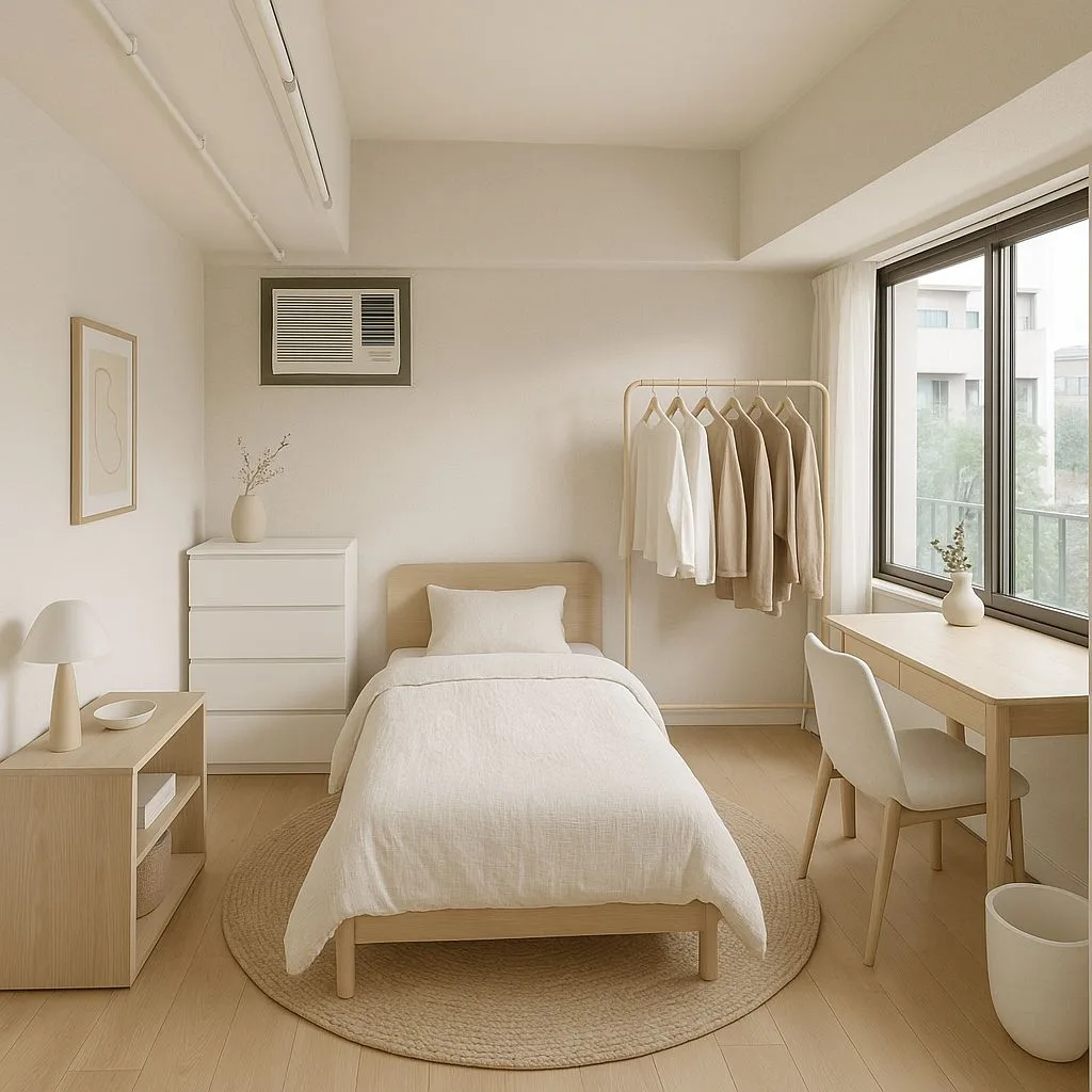 Minimalist Scandinavian bedroom with light wood bed, white linen duvet, jute round rug, light wood desk, white chair, photorealistic interior design photography, 8k
