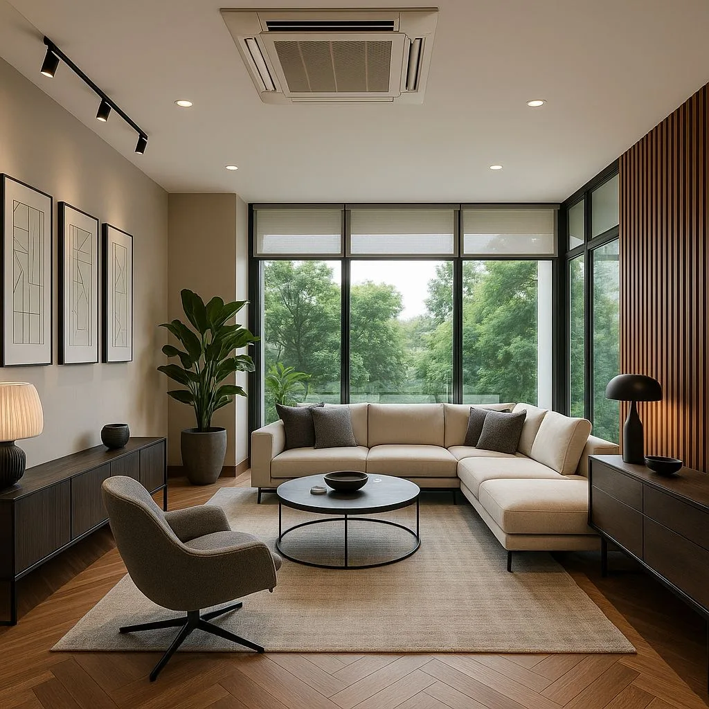 Modern neutral living room with herringbone wood floors, beige sectional, black round coffee table, wood slat accent wall, track lighting, photorealistic interior design photography, 8k