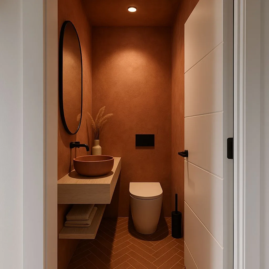 Modern terracotta powder room with textured plaster walls, herringbone tile floors, floating wood vanity, vessel sink, black fixtures, photorealistic interior design photography, 8k