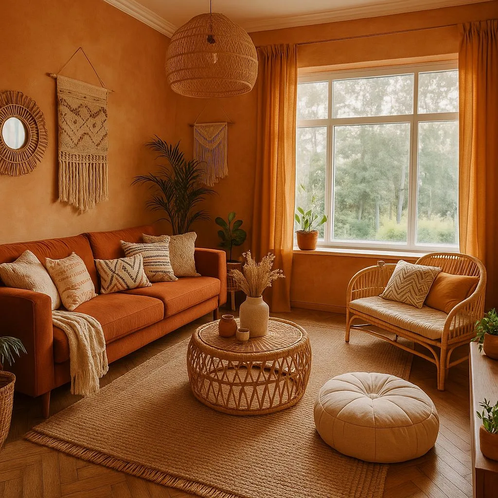 Bohemian living room with terracotta walls, woven jute rug, rattan coffee table, burnt orange sofa, macrame wall hangings, photorealistic interior design photography, 8k