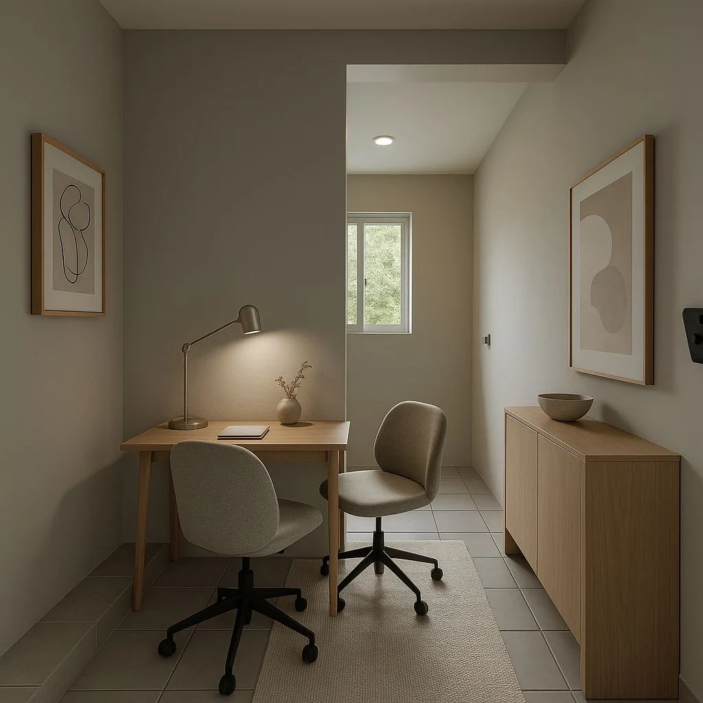 Minimalist home office with light wood desk, gray upholstered chairs, oak cabinet, neutral art prints, brass task lamp, photorealistic interior design photography, 8k