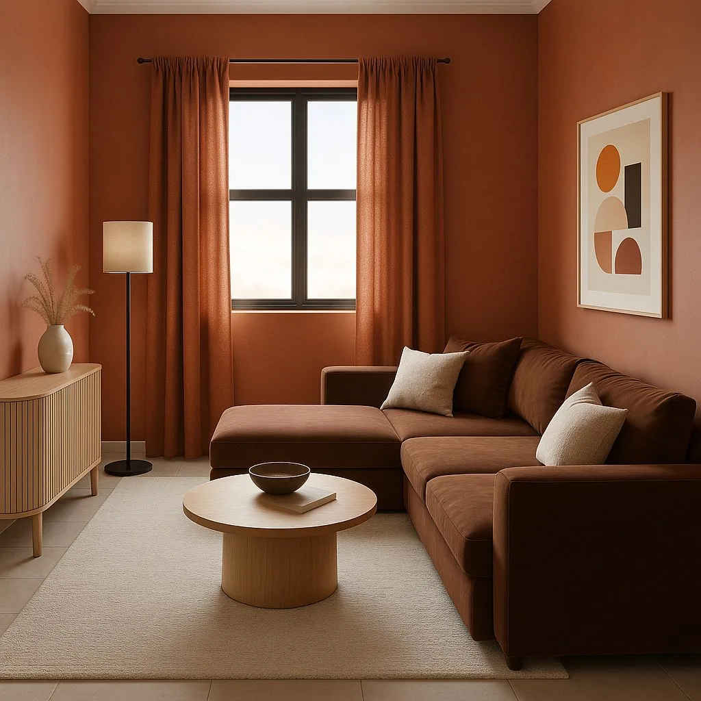 Minimalist living room with terracotta walls, brown corduroy sectional, light wood coffee table, black floor lamp, linen pillows, photorealistic interior design photography, 8k