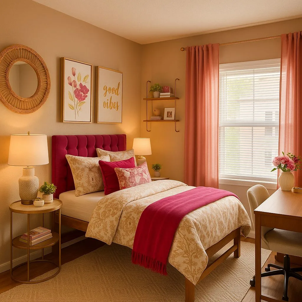 Transitional bedroom with fuchsia velvet headboard, floral toile bedding, wood frame bed, rattan mirror, coral curtains, photorealistic interior design photography, 8k