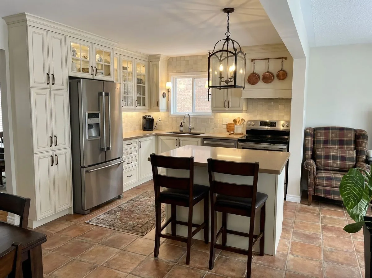 Traditional cream kitchen with terracotta tile, stainless appliances, dark wood stools, iron lantern pendant, cream cabinets, photorealistic interior design photography, 8k