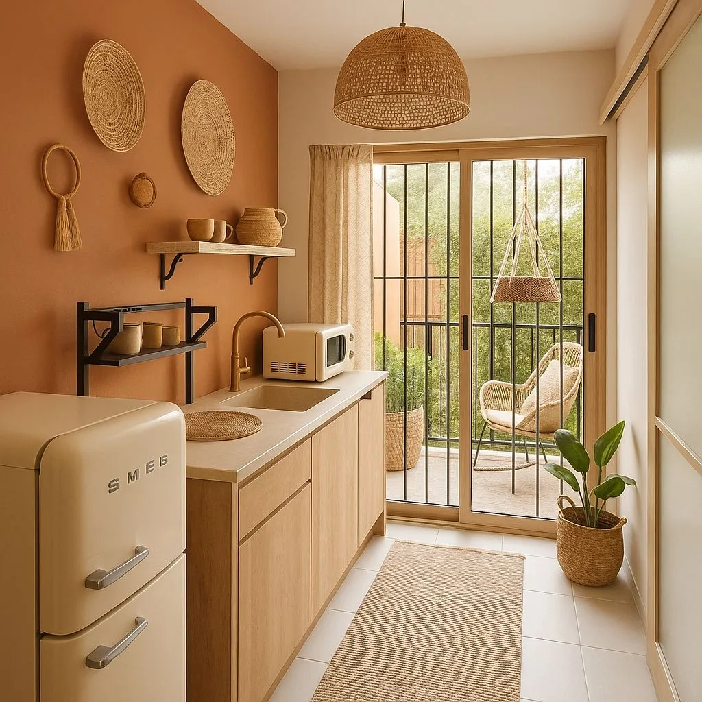 Warm terracotta kitchen with light wood cabinets, rattan pendant light, woven wall decor, cream Smeg refrigerator, balcony access, photorealistic interior design photography, 8k