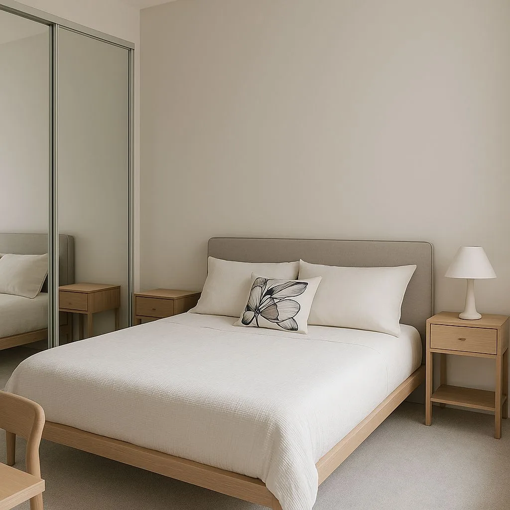 Minimalist bedroom with light wood platform bed, white linen bedding, matching wood nightstands, sliding mirror closet, table lamp, photorealistic interior design photography, 8k
