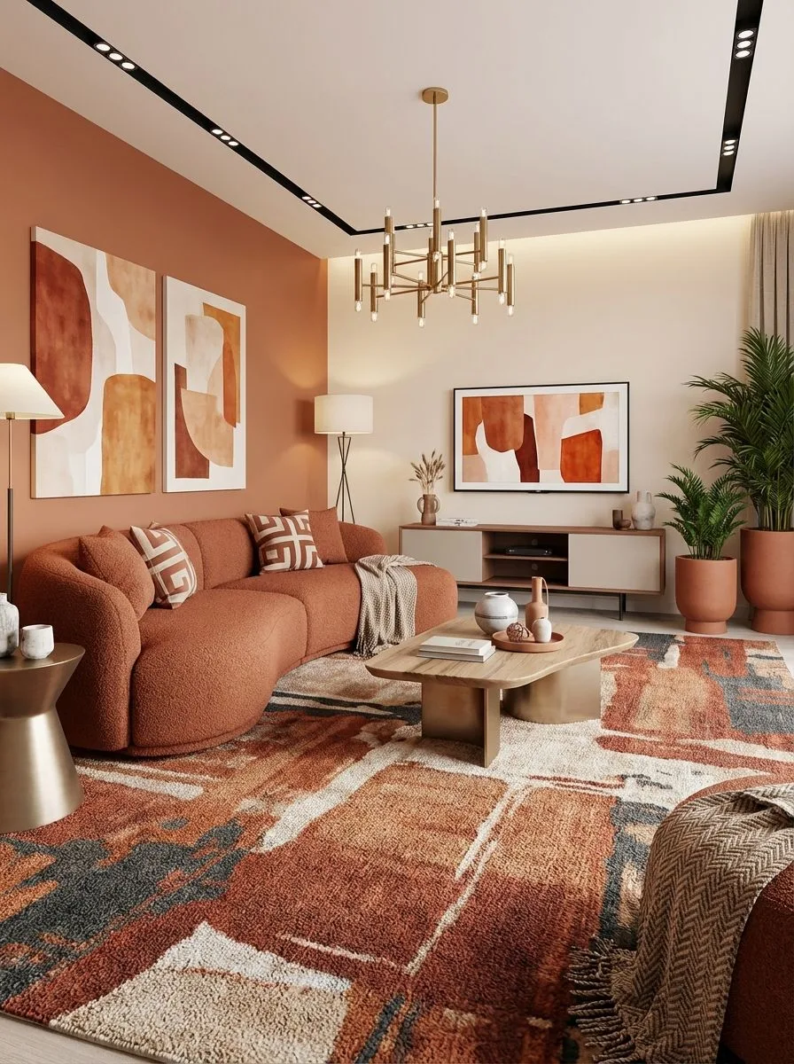 Contemporary living room with terracotta walls, curved boucle sofa, abstract rug, light wood coffee table, brass chandelier, photorealistic interior design photography, 8k