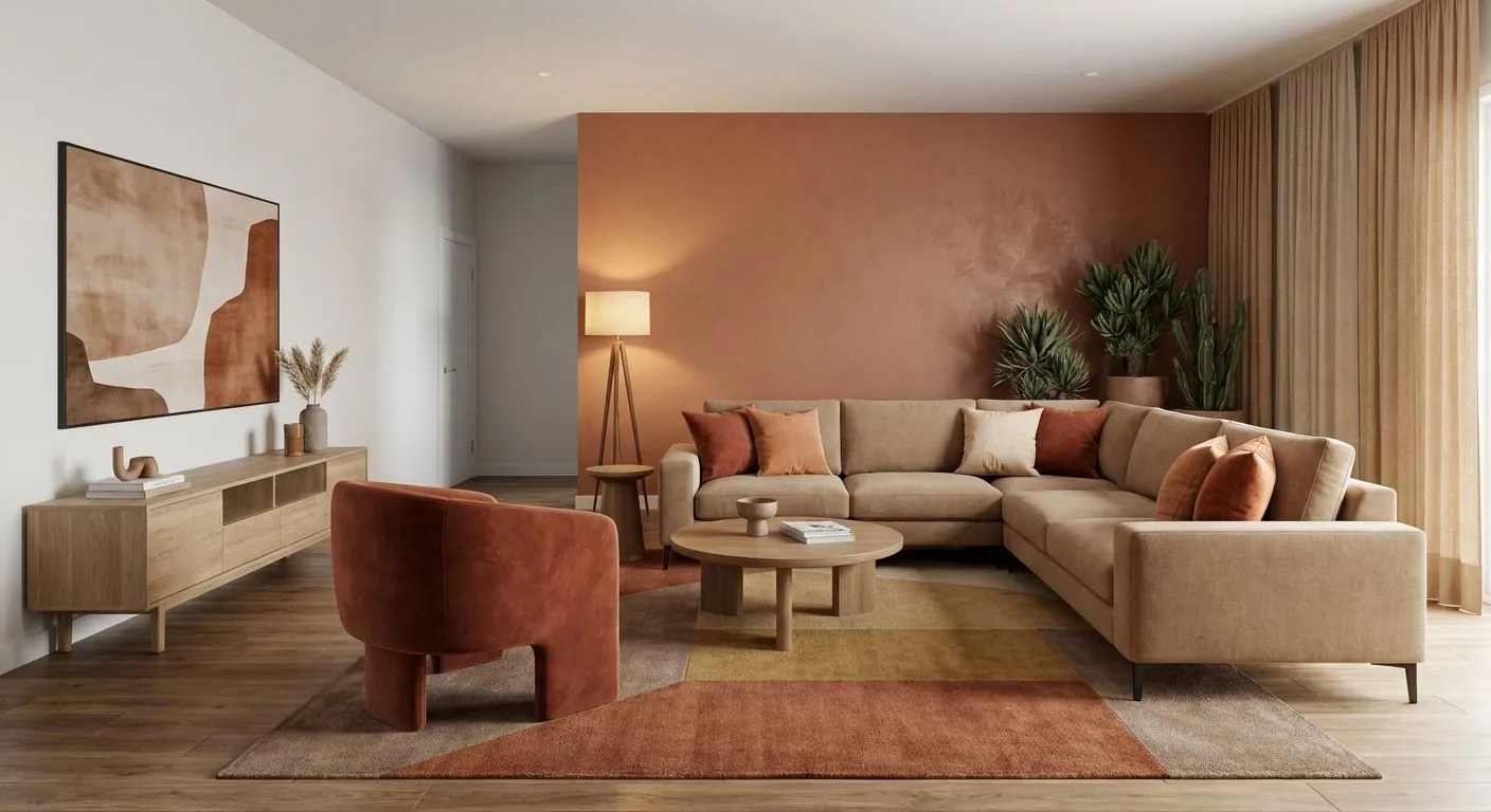 Warm contemporary living room with terracotta wall, beige sectional, round wood coffee table, color block rug, floor lamp, photorealistic interior design photography, 8k