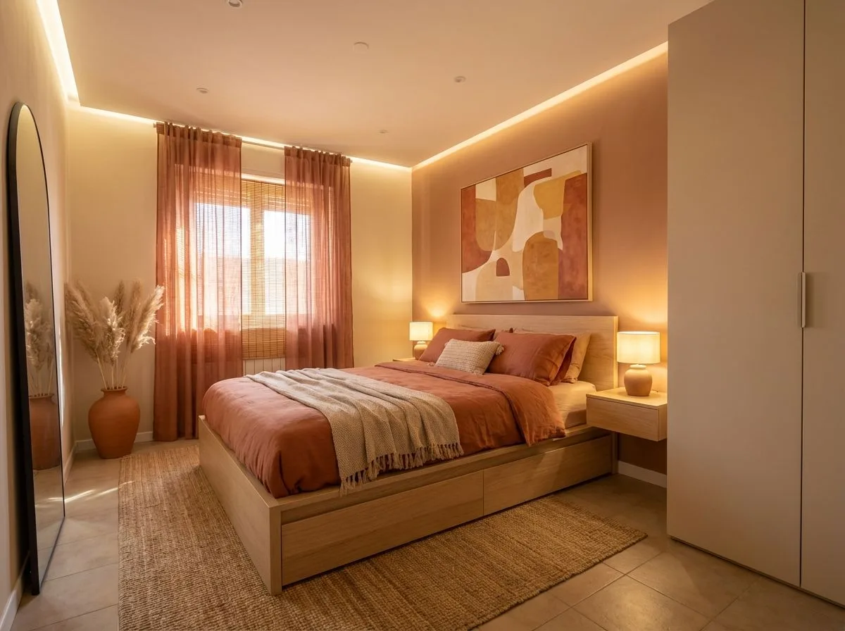 Contemporary terracotta bedroom with light wood platform bed, linen bedding, jute rug, sheer curtains, abstract art, photorealistic interior design photography, 8k