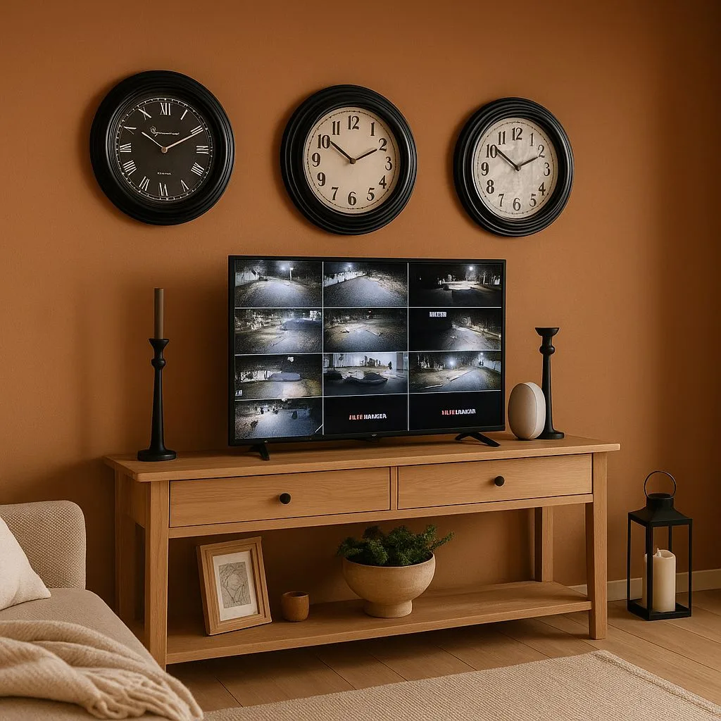 Transitional living room with terracotta walls, light wood console, black framed clocks, black candlestick holders, beige rug, photorealistic interior design photography, 8k
