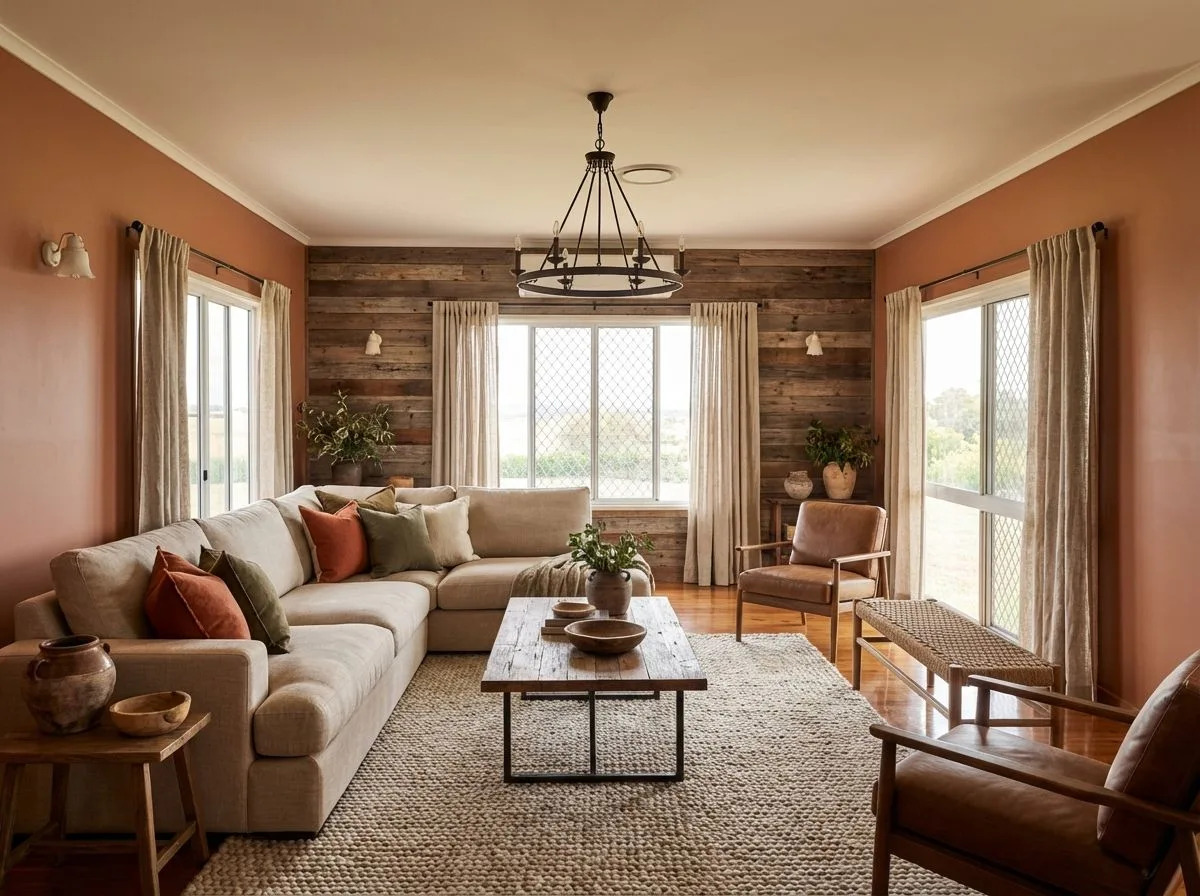Rustic farmhouse living room with terracotta walls, reclaimed wood accent wall, linen sectional sofa, jute rug, iron chandelier, photorealistic interior design photography, 8k