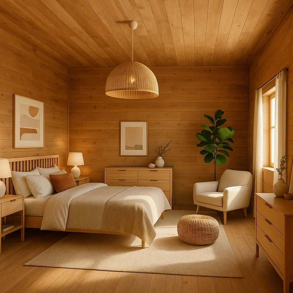 Scandinavian bedroom with light wood paneling, woven pendant light, neutral linen bedding, jute rug, fiddle leaf fig, photorealistic interior design photography, 8k