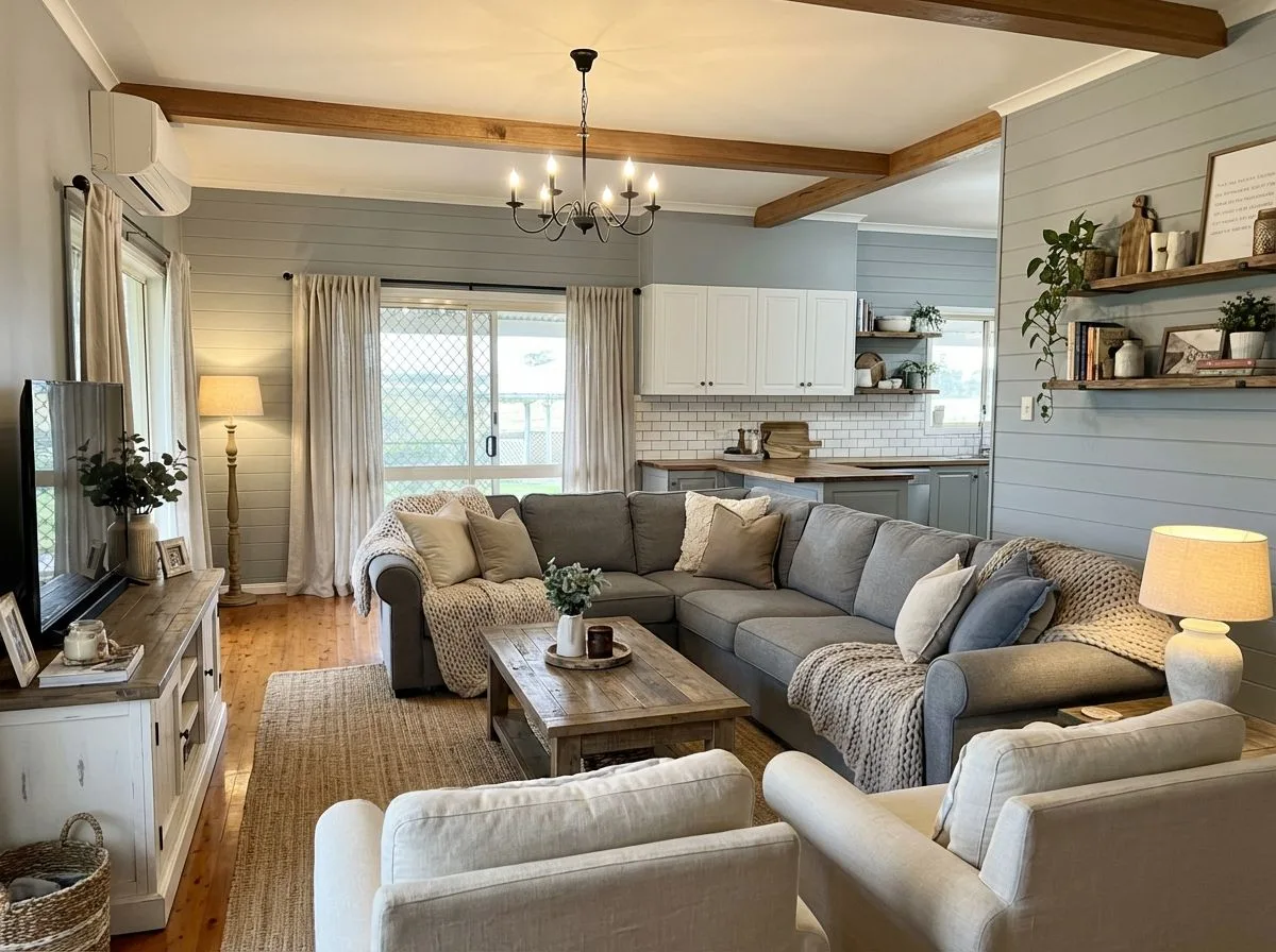 Farmhouse living room with grey painted paneling, exposed wood beams, large grey sectional, jute rug, black chandelier, photorealistic interior design photography, 8k