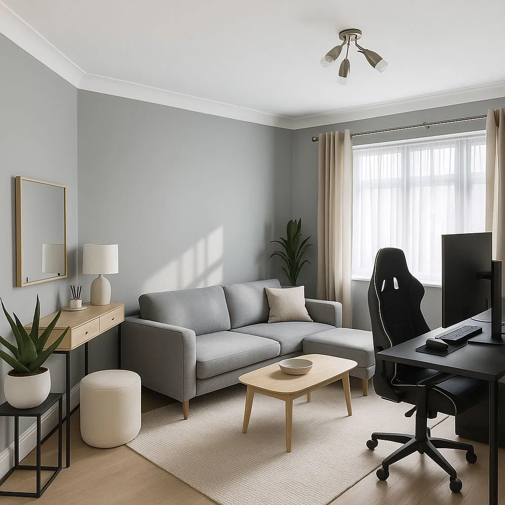 Contemporary living room with light grey walls, fabric sectional sofa, light wood coffee table, black desk, ergonomic chair, photorealistic interior design photography, 8k
