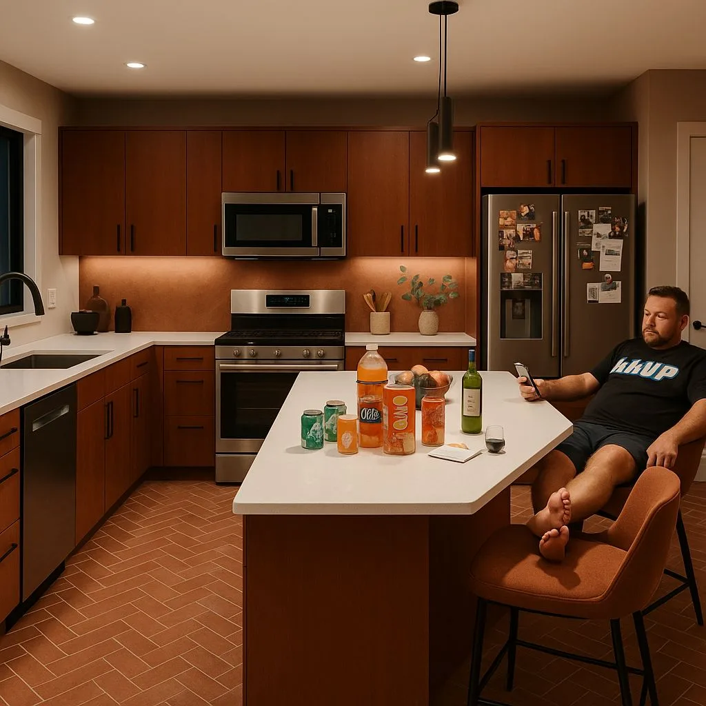 Mid-century modern kitchen with walnut cabinets, white quartz countertop, herringbone terracotta floor, stainless steel appliances, black pendant lights, photorealistic interior design photography, 8k