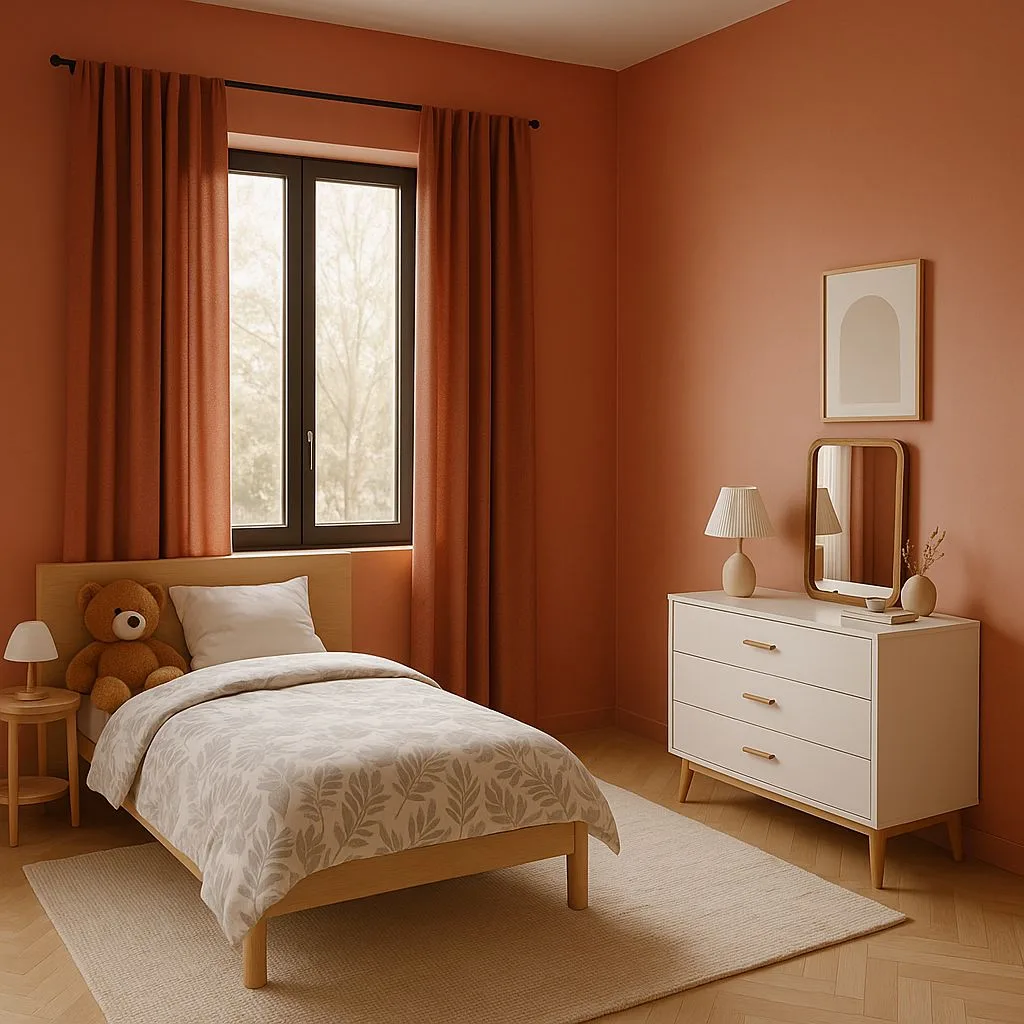 Scandinavian kids bedroom with terracotta walls, light wood bed frame, white dresser with gold pulls, herringbone wood floors, terracotta curtains, photorealistic interior design photography, 8k