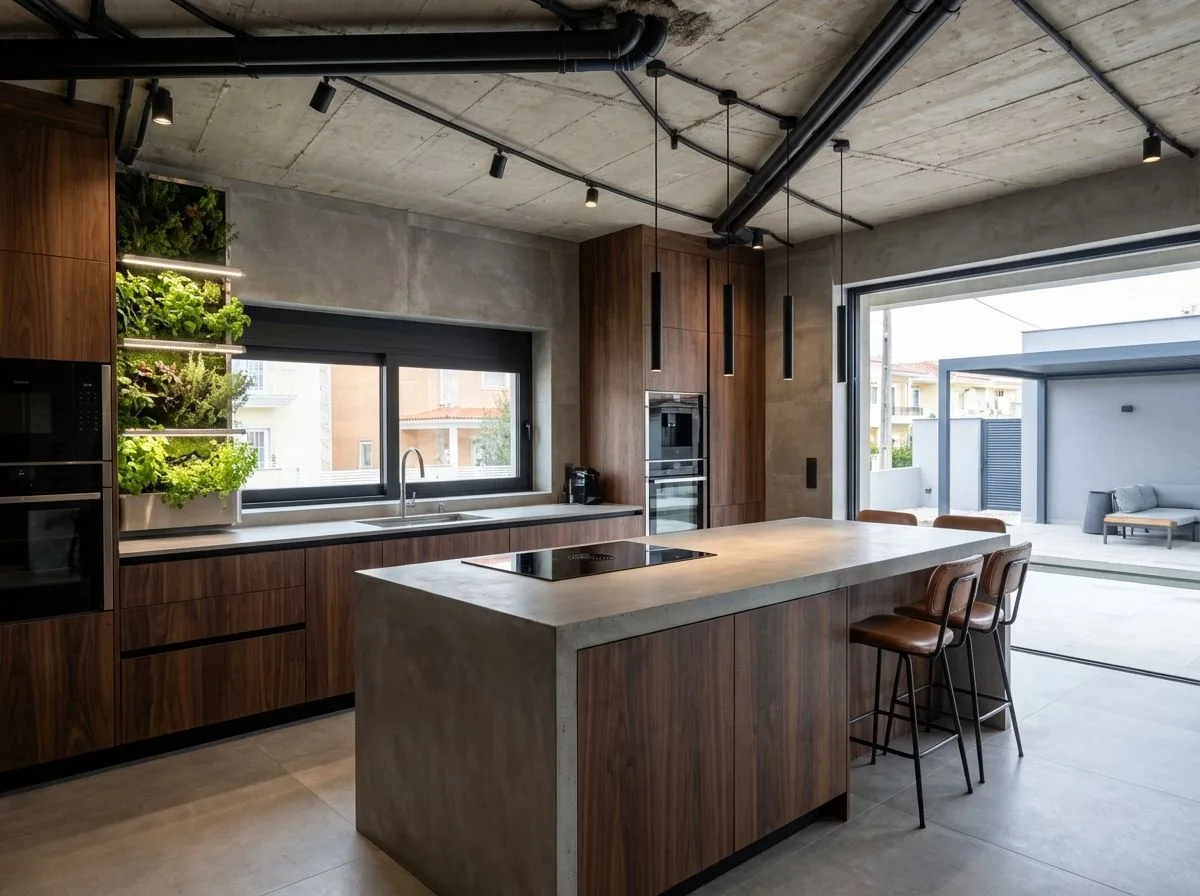 Modern industrial kitchen with walnut cabinets, concrete countertops, exposed ductwork, track lighting, vertical garden, photorealistic interior design photography, 8k