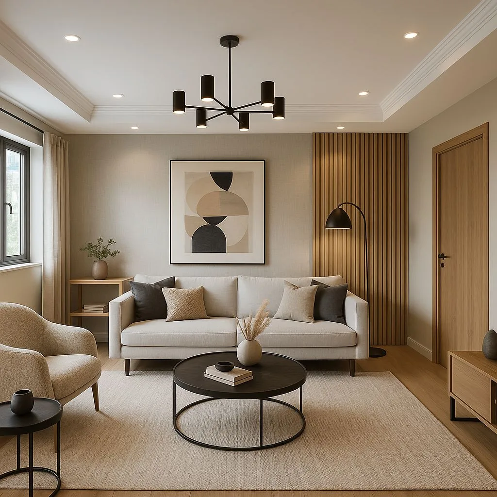 Neutral modern living room with beige linen sofa, round black coffee table, light wood paneling, black sputnik chandelier, jute rug, photorealistic interior design photography, 8k