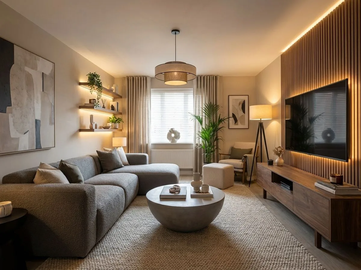 Modern neutral living room with grey boucle sectional, round concrete table, wood slat wall, floating shelves, linen curtains, photorealistic interior design photography, 8k