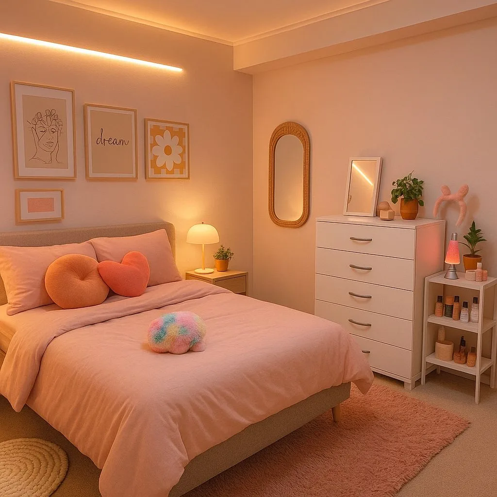 Minimalist pink bedroom with platform bed, soft pink linen, heart pillows, white dresser, woven mirror, ambient lighting, photorealistic interior design photography, 8k
