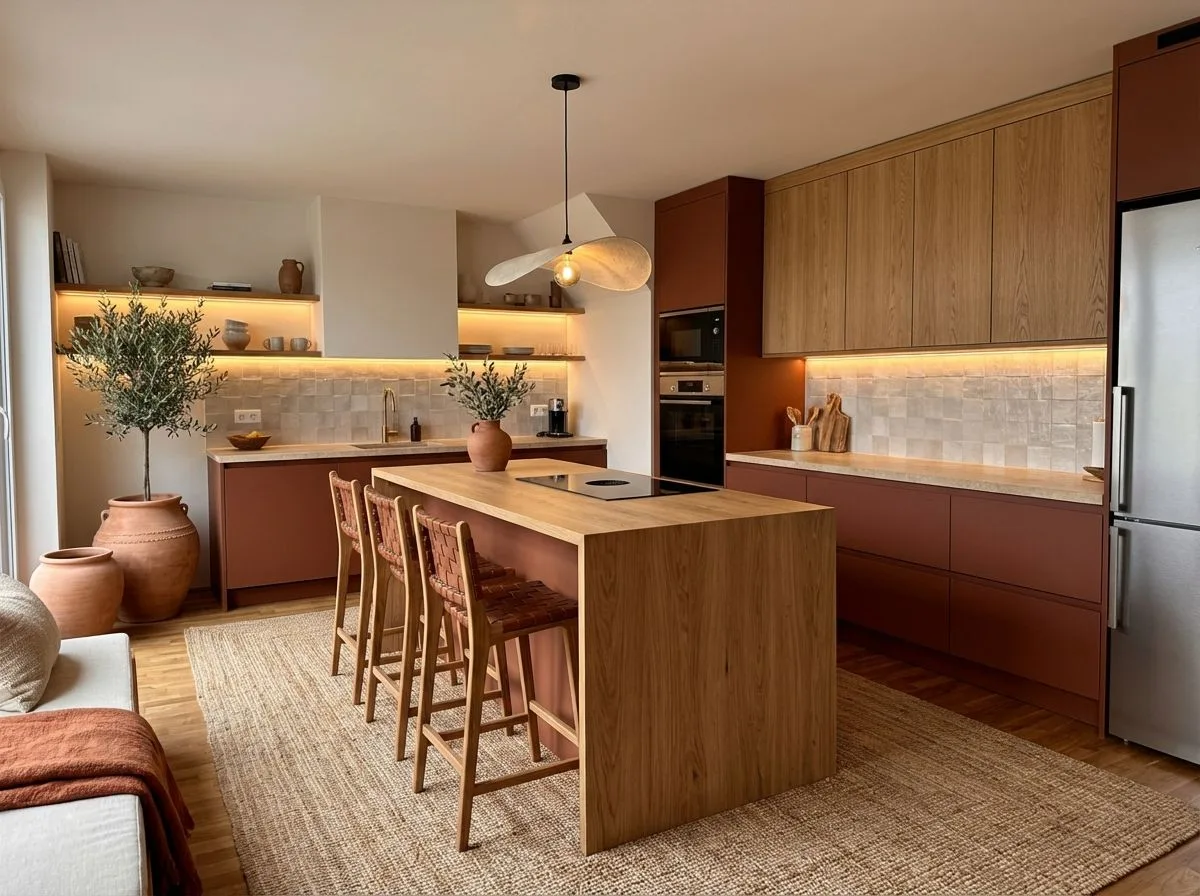 Mediterranean kitchen with terracotta cabinets, light wood uppers, large wood island, woven leather barstools, jute rug, photorealistic interior design photography, 8k