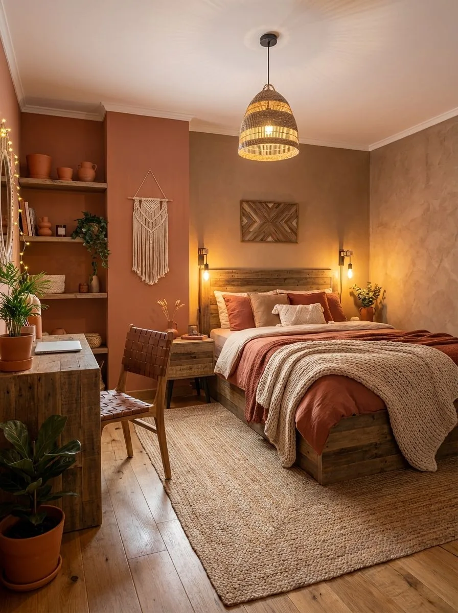 Rustic bohemian bedroom with terracotta walls, reclaimed wood bed, jute rug, woven pendant, leather chair, photorealistic interior design photography, 8k