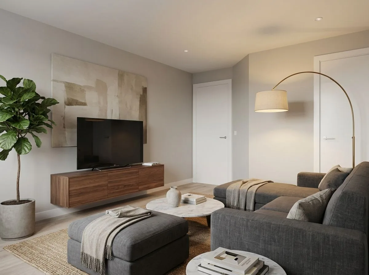 Contemporary warm gray living room with dark gray sectional sofa, walnut media console, marble coffee table, jute rug, brass arc floor lamp, photorealistic interior design photography, 8k