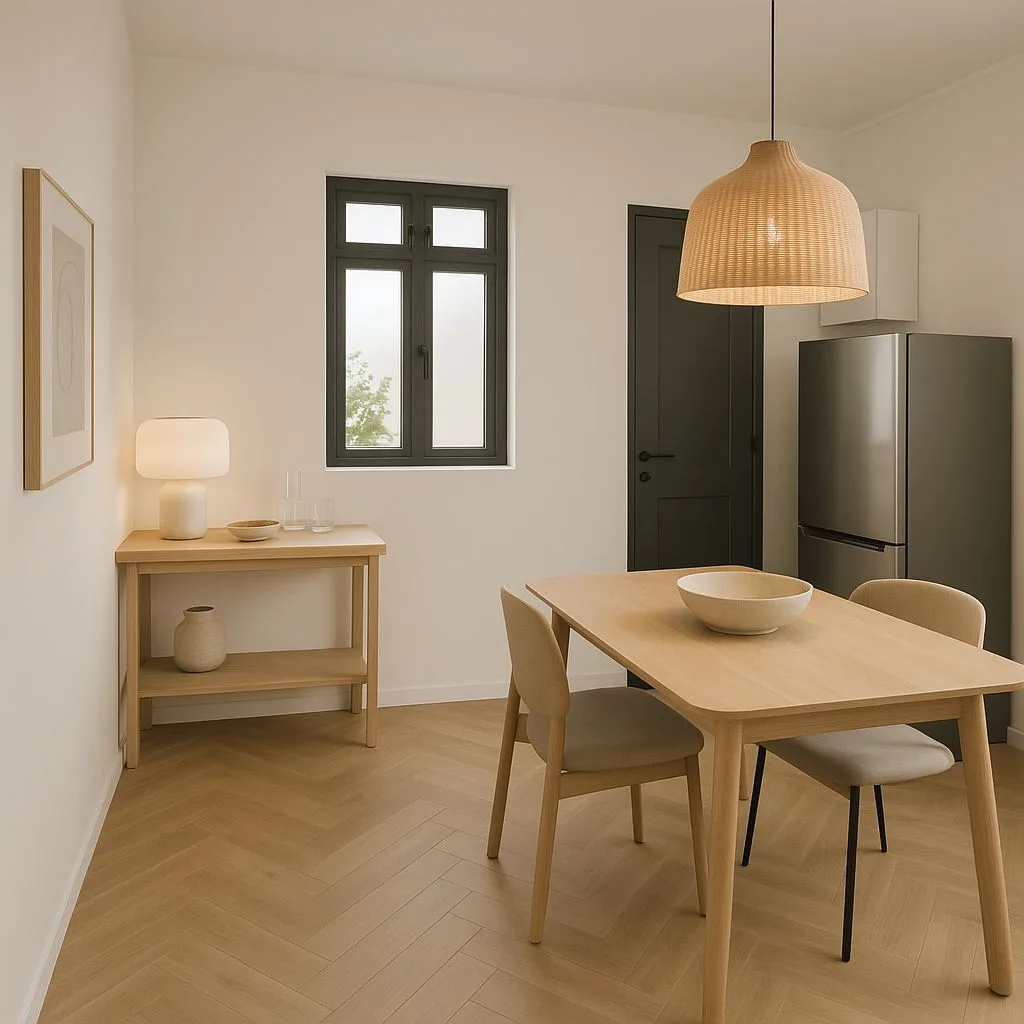 Minimalist dining room with light oak table and chairs, herringbone wood floors, white walls, black window frame, woven pendant, photorealistic interior design photography, 8k