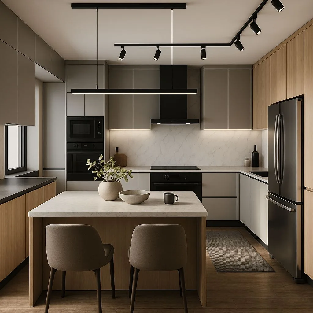 Modern minimalist kitchen with light wood and grey cabinets, marble backsplash, black track lighting, island with seating, wood floors, photorealistic interior design photography, 8k