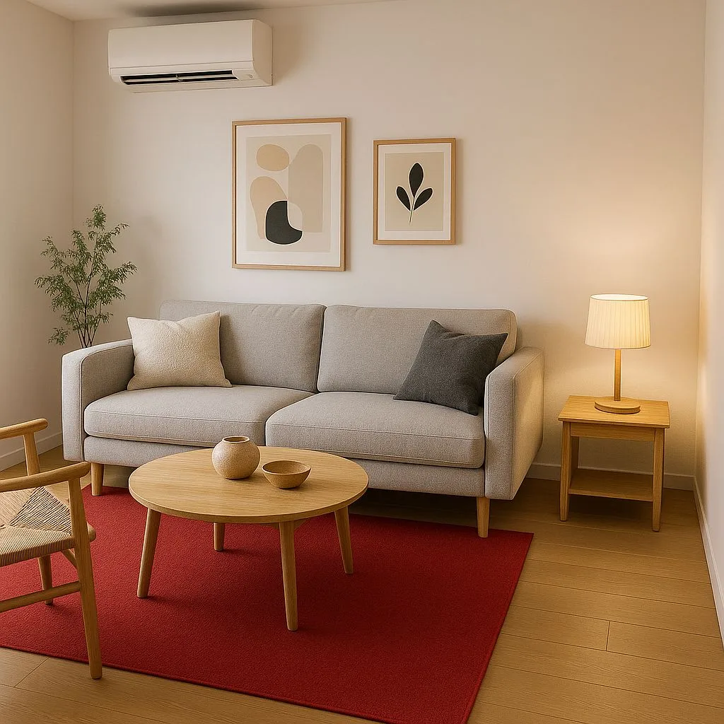 Minimalist Scandinavian living room with light grey sofa, round wood coffee table, red rug, framed art prints, wood side table, photorealistic interior design photography, 8k