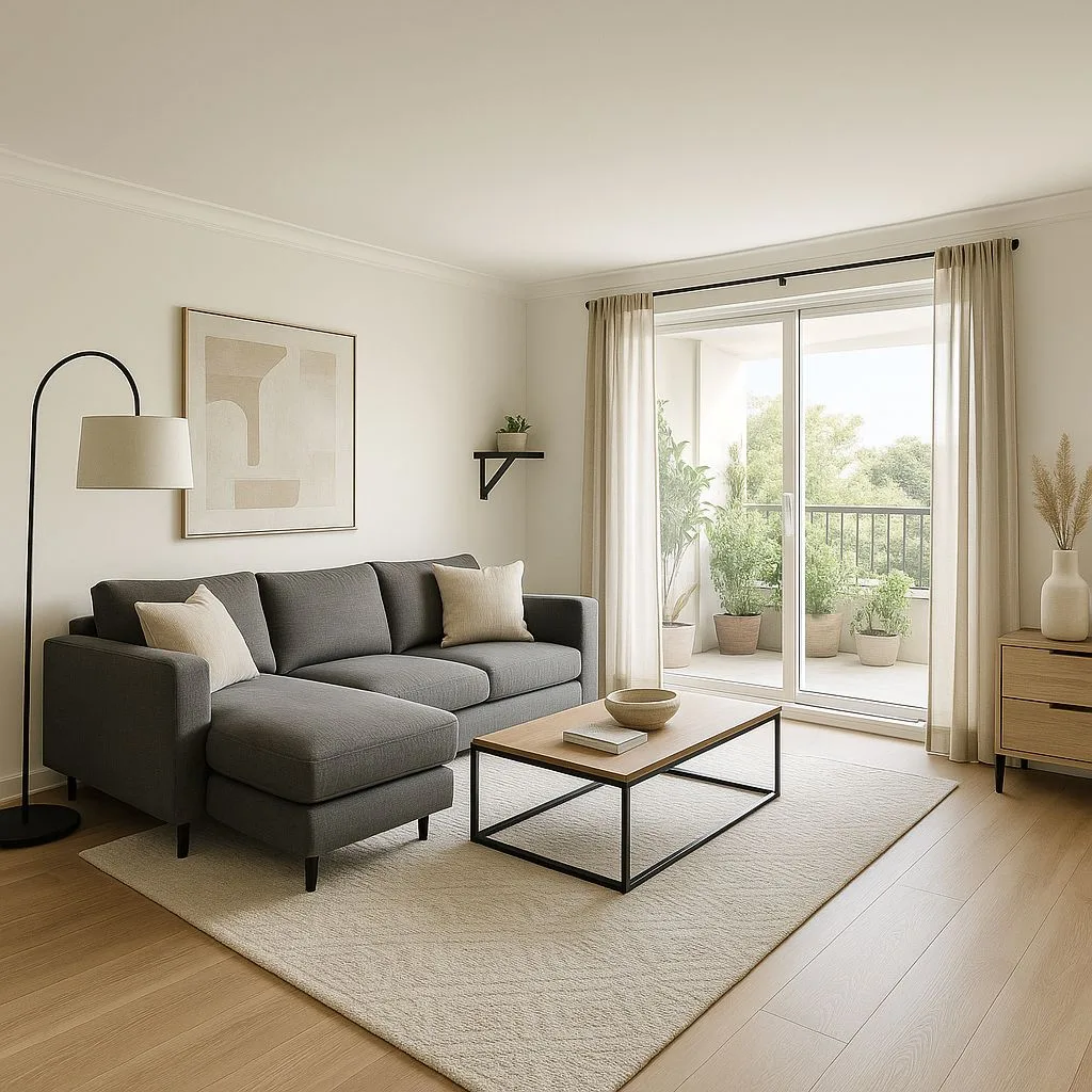 Contemporary neutral living room with gray sectional sofa, light wood floors, beige rug, black metal coffee table, sheer curtains, photorealistic interior design photography, 8k