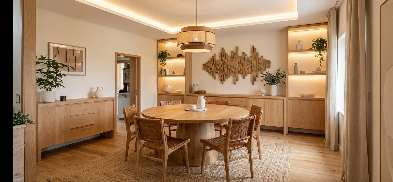 Warm minimalist dining room with light oak cabinets, round wood table, woven leather chairs, jute rug, recessed lighting, photorealistic interior design photography, 8k