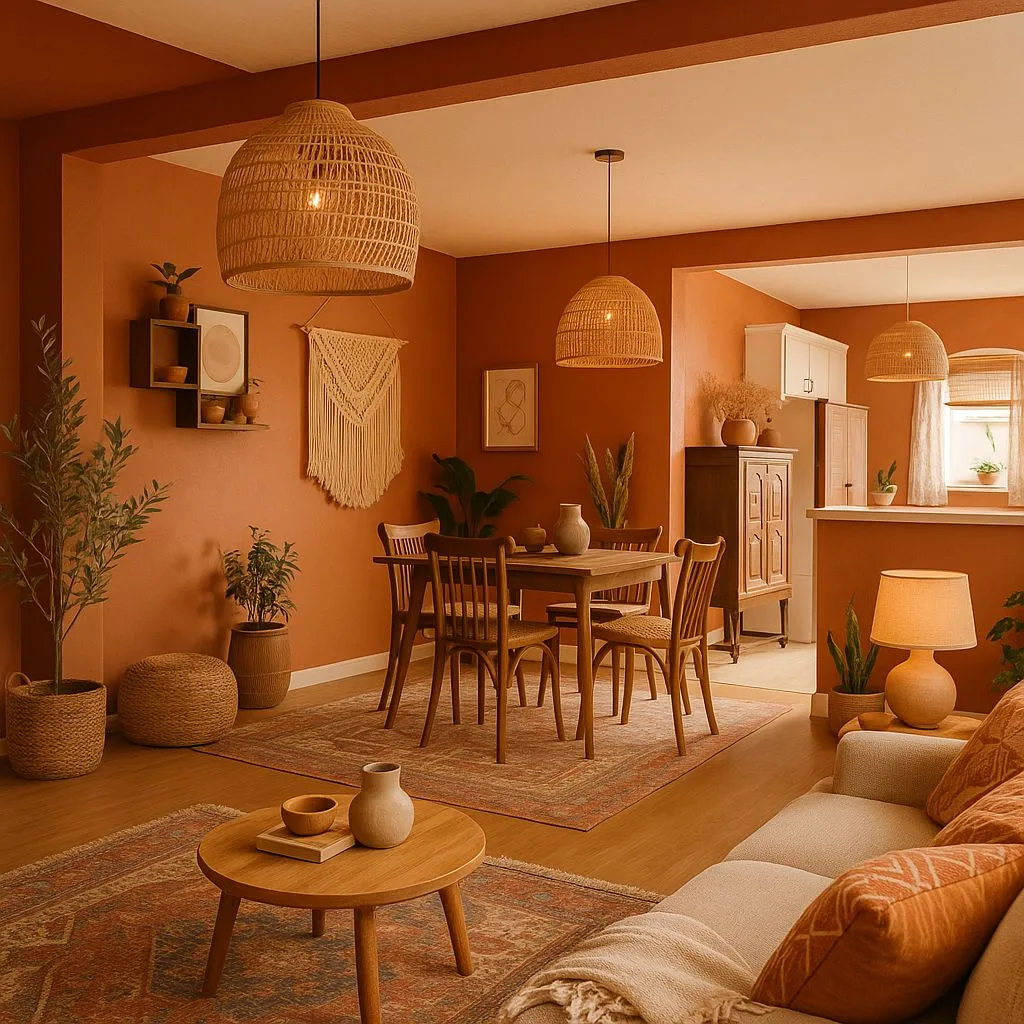 Bohemian terracotta living dining room with rattan pendants, wood dining set, patterned rug, neutral linen sofa, potted plants, photorealistic interior design photography, 8k