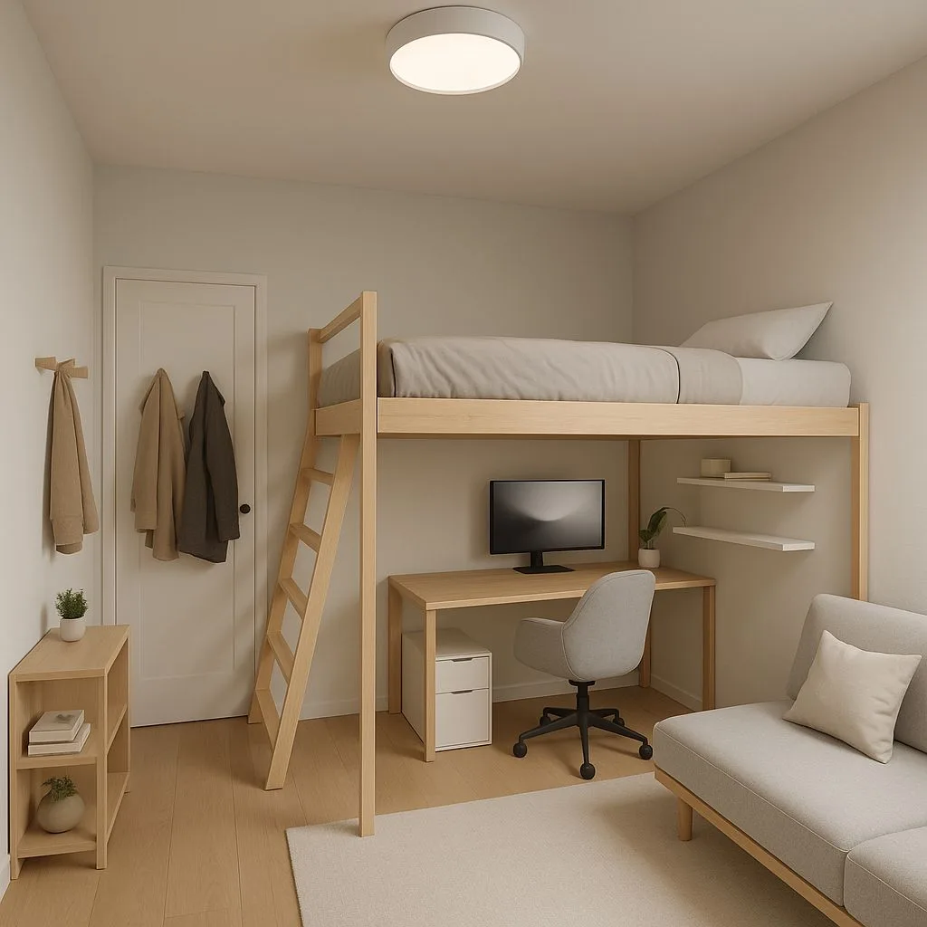 Minimalist studio apartment with light wood loft bed, gray linen sofa, white walls, light wood floors, flush mount lighting, photorealistic interior design photography, 8k