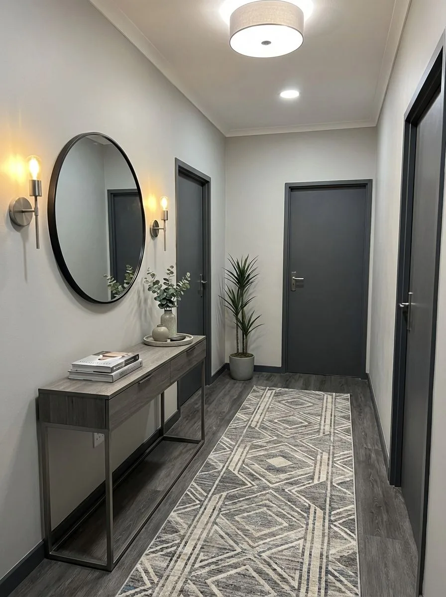 Modern transitional hallway with gray wood floors, light gray walls, dark gray doors, geometric runner rug, warm sconce lighting, photorealistic interior design photography, 8k