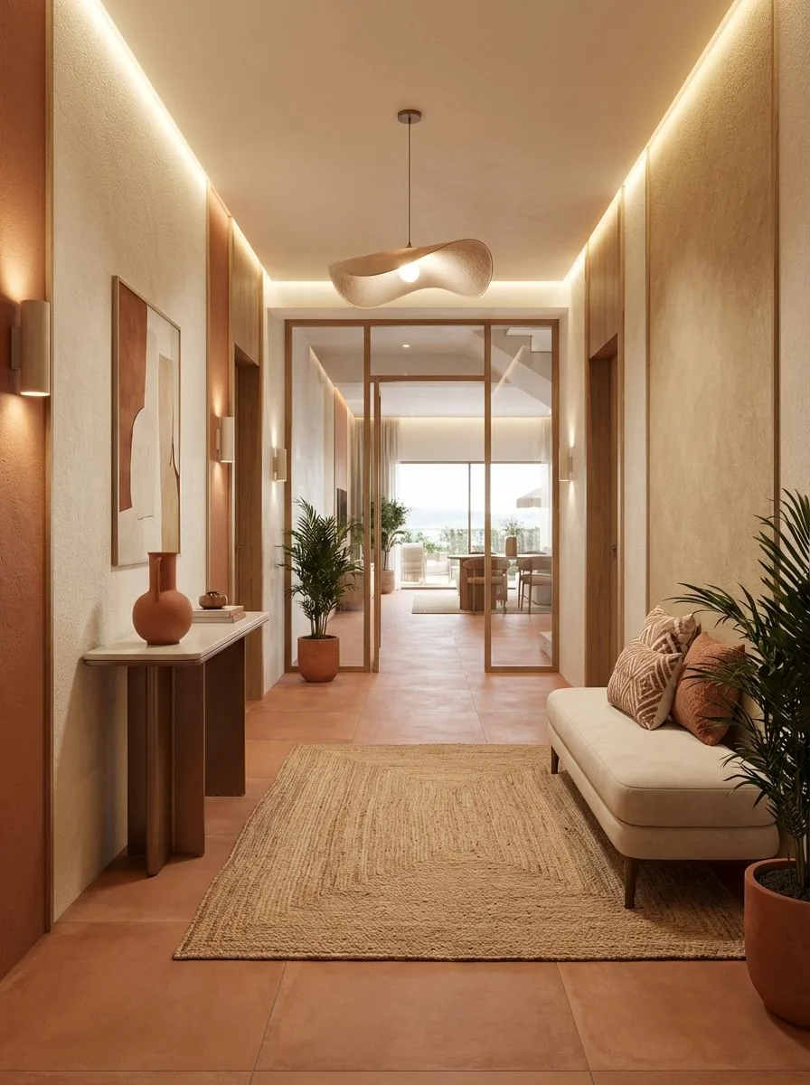 Warm coastal hallway with terracotta tile floors, jute rug, cream settee, textured walls, sculptural pendant light, photorealistic interior design photography, 8k